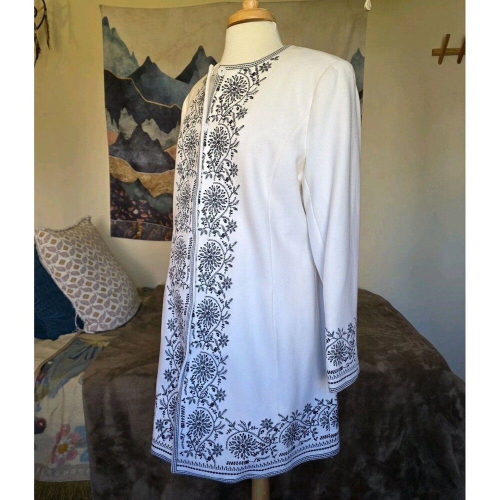 Peter Nygard Ivory Wool Embroidered Coat 14 Boho Folk Jacket Longline Tunic L - Picture 6 of 16